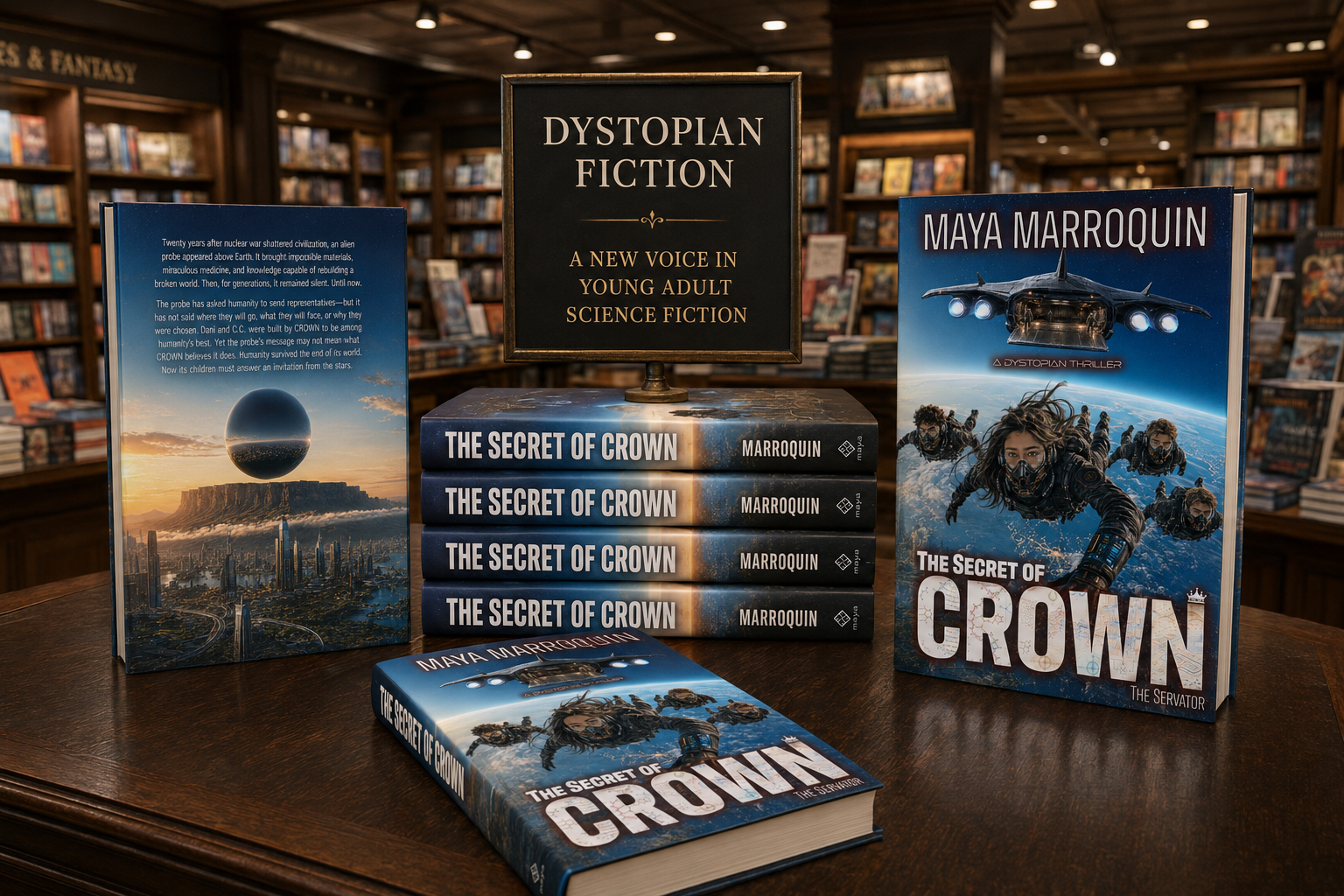 The Secret of CROWN displayed in a bookshop, front cover, back cover, and stacked copies